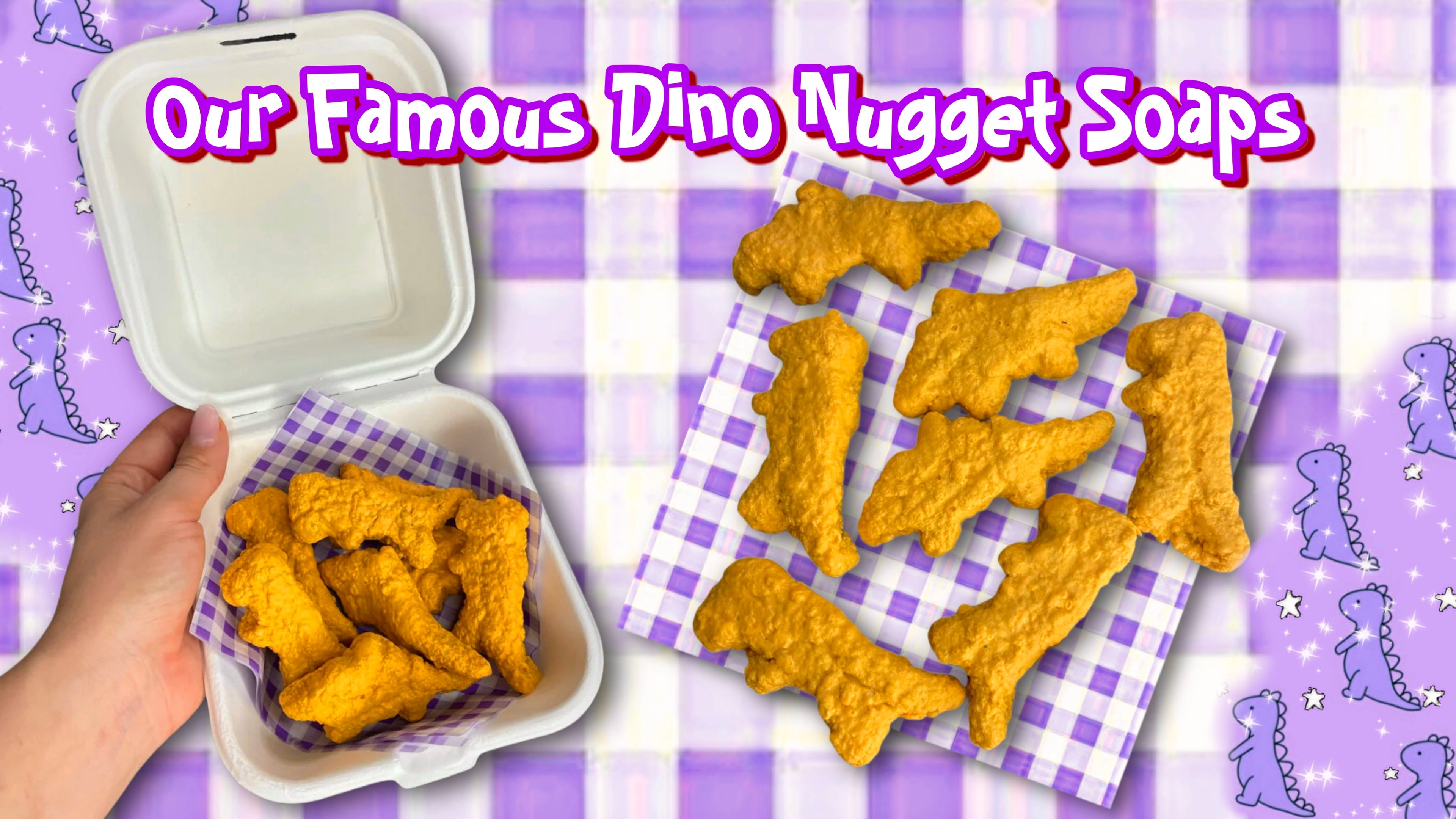 Ucute Foods purple banner with dino nugget soaps